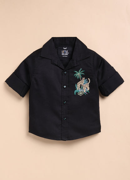 Blended Cotton Satin Solid Woven Full Sleeves Animal Embroidered Shirt Pant Set- Black