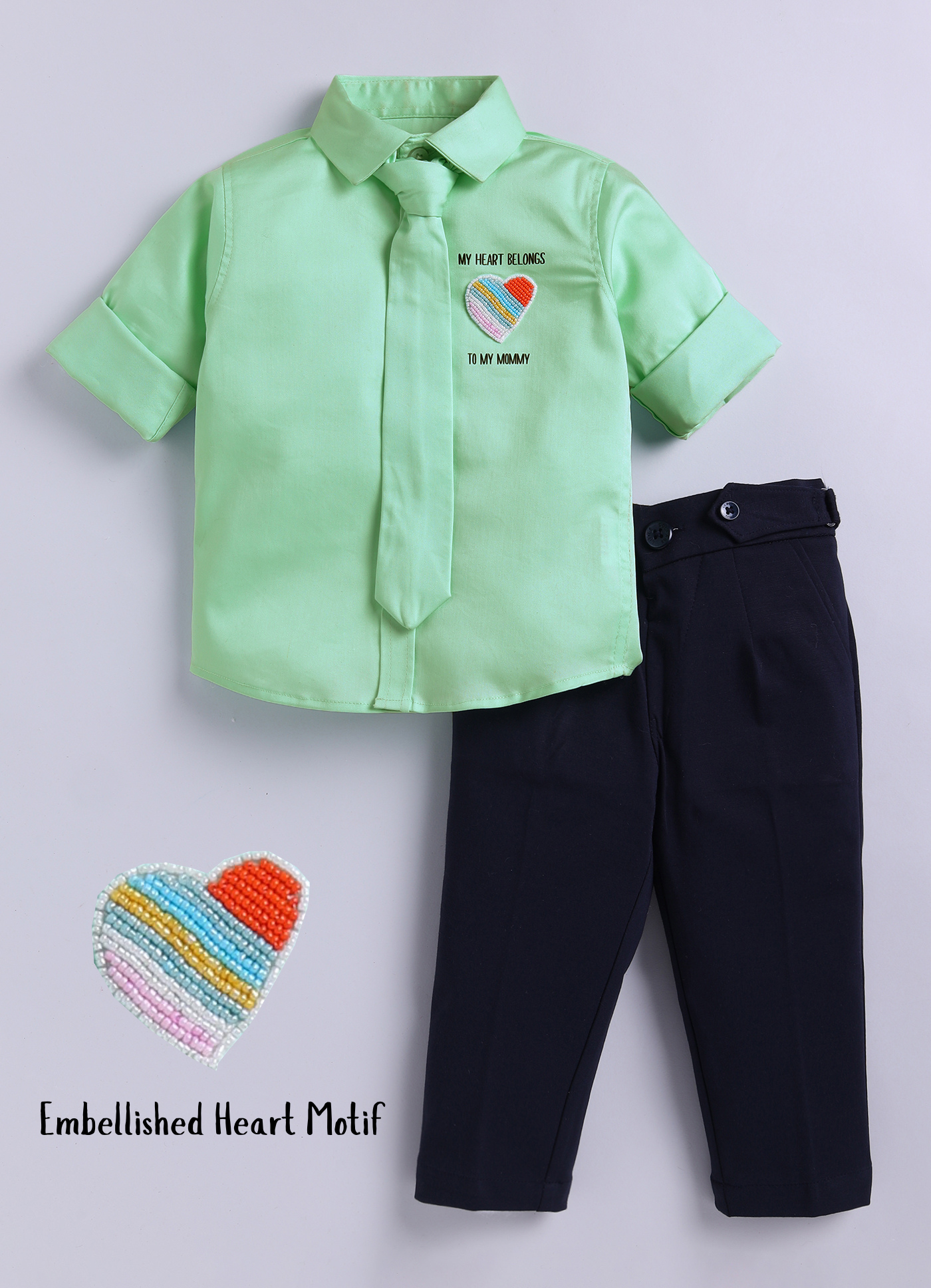 Cotton Satin Shirt with Hand embellished Heart, Pant & Tie Set- Green