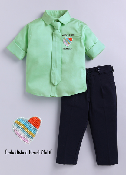 Cotton Satin Shirt with Hand embellished Heart, Pant & Tie Set- Green