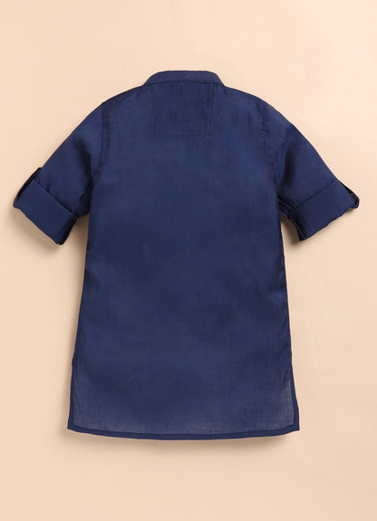 Boys Blended Silk Heavy Embroidered  Nehru Jacket Full Sleeves Kurta and Pajama with Brooch Ethnic Set - Blue