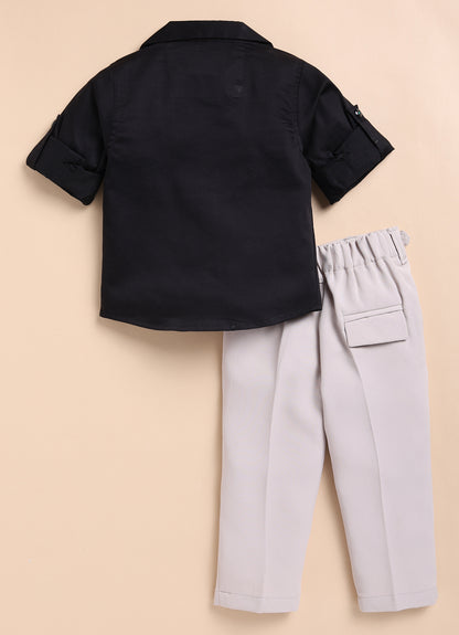 Blended Cotton Satin Solid Woven Full Sleeves Animal Embroidered Shirt Pant Set- Black