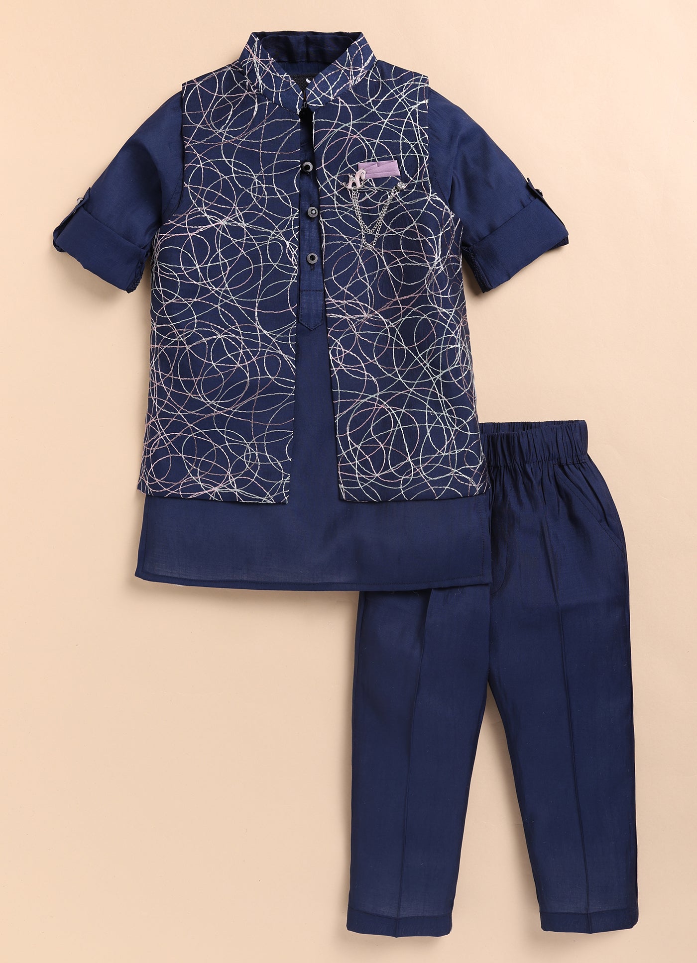 Boys Blended Silk Heavy Embroidered  Nehru Jacket Full Sleeves Kurta and Pajama with Brooch Ethnic Set - Blue