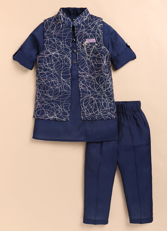 Boys Blended Silk Heavy Embroidered  Nehru Jacket Full Sleeves Kurta and Pajama with Brooch Ethnic Set - Blue