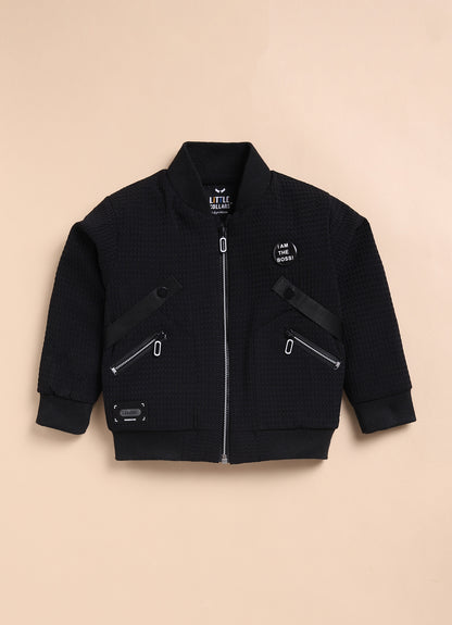 Jaquard Knitted Full Sleeves Zippered Sweat Jacket with Printed T-shirt and Denim Pants Casual Set- Black