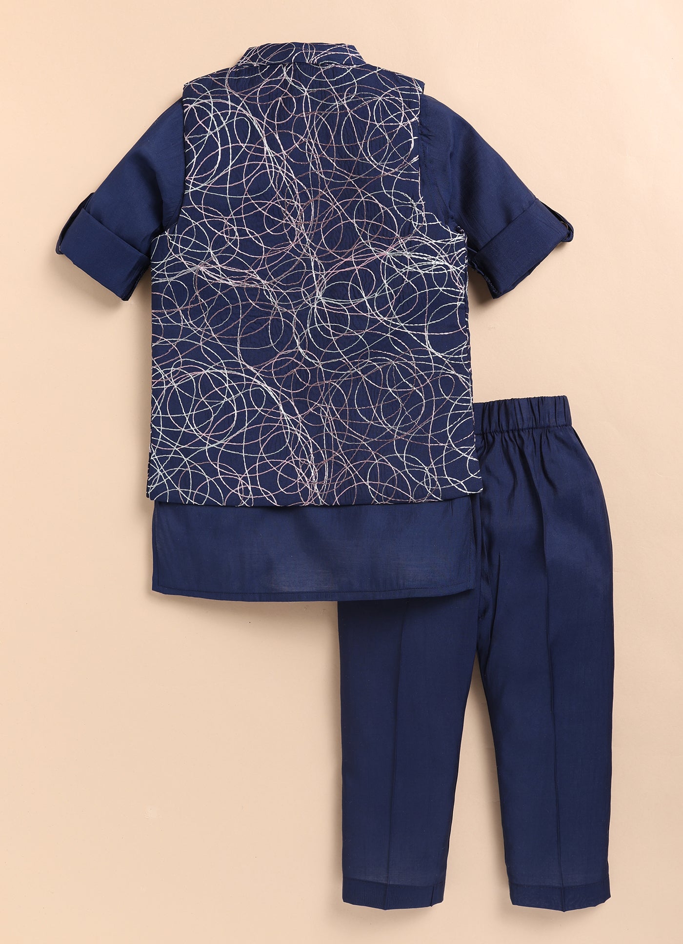 Boys Blended Silk Heavy Embroidered  Nehru Jacket Full Sleeves Kurta and Pajama with Brooch Ethnic Set - Blue
