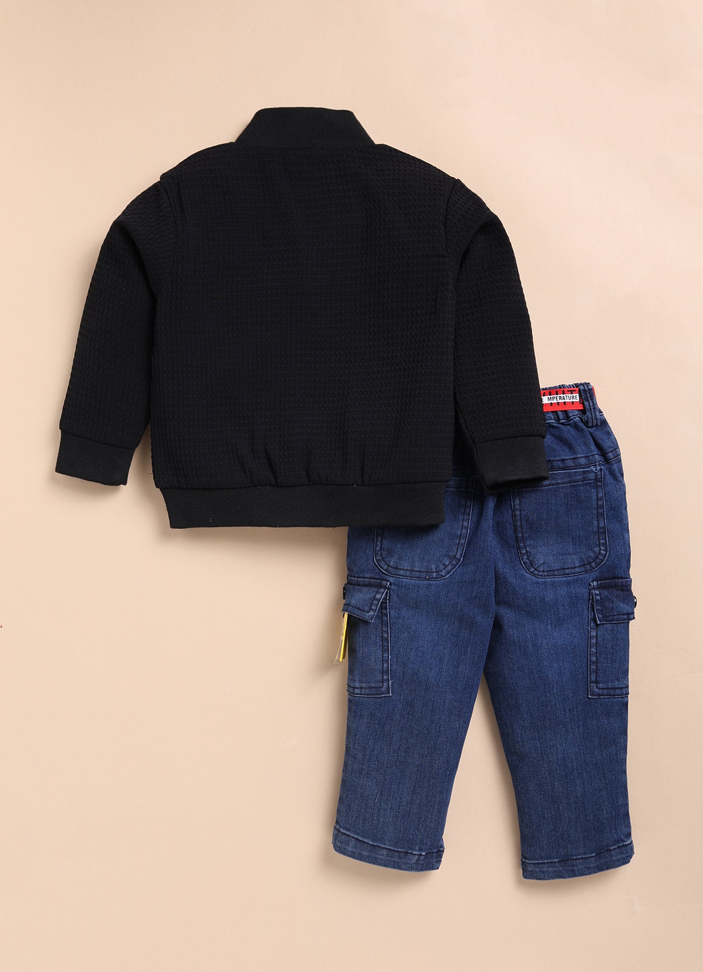 Jaquard Knitted Full Sleeves Zippered Sweat Jacket with Printed T-shirt and Denim Pants Casual Set- Black