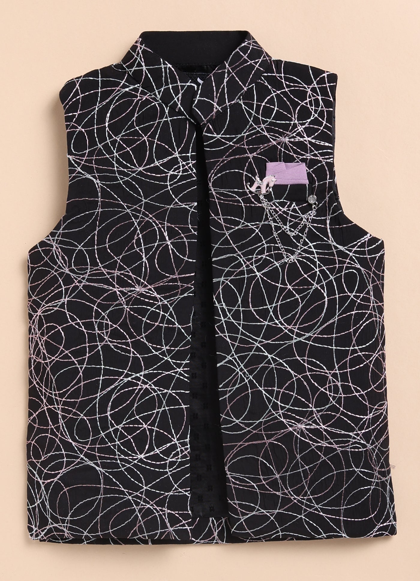 Boys Blended Silk Heavy Embroidered  Nehru Jacket Full Sleeves Kurta and Pajama with Brooch Ethnic Set - Black