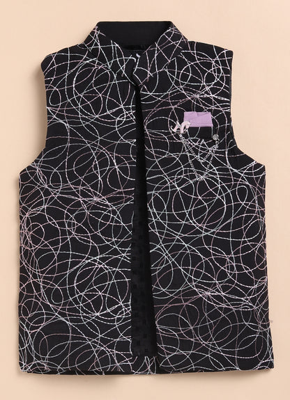 Boys Blended Silk Heavy Embroidered  Nehru Jacket Full Sleeves Kurta and Pajama with Brooch Ethnic Set - Black