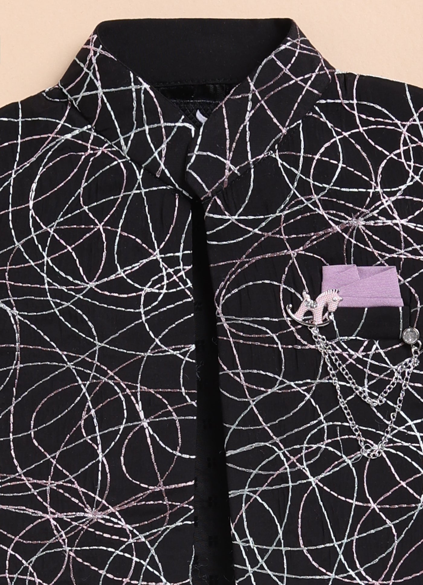 Boys Blended Silk Heavy Embroidered  Nehru Jacket Full Sleeves Kurta and Pajama with Brooch Ethnic Set - Black