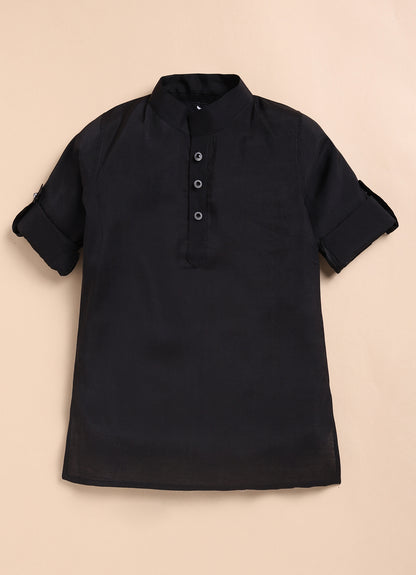 Boys Blended Silk Heavy Embroidered  Nehru Jacket Full Sleeves Kurta and Pajama with Brooch Ethnic Set - Black