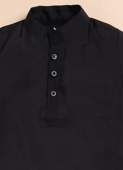 Boys Blended Silk Heavy Embroidered  Nehru Jacket Full Sleeves Kurta and Pajama with Brooch Ethnic Set - Black