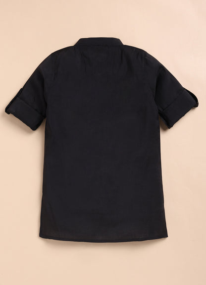 Boys Blended Silk Heavy Embroidered  Nehru Jacket Full Sleeves Kurta and Pajama with Brooch Ethnic Set - Black