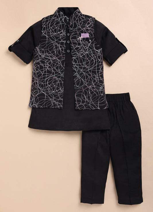 Boys Blended Silk Heavy Embroidered  Nehru Jacket Full Sleeves Kurta and Pajama with Brooch Ethnic Set - Black