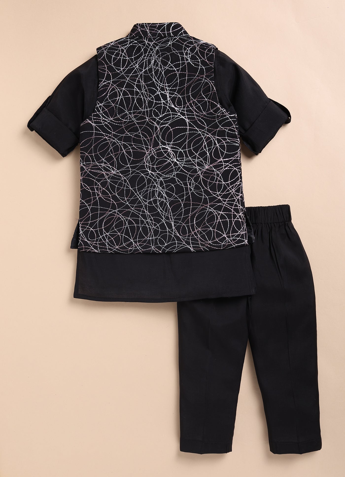 Boys Blended Silk Heavy Embroidered  Nehru Jacket Full Sleeves Kurta and Pajama with Brooch Ethnic Set - Black
