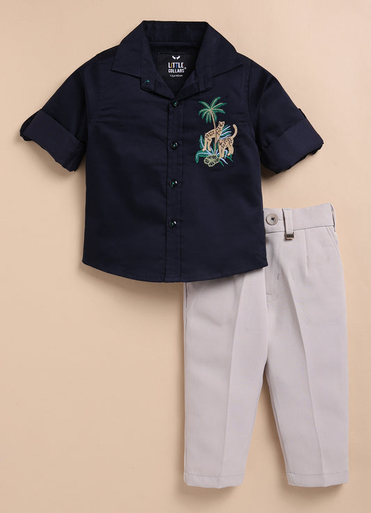 Blended Cotton Satin Solid Woven Full Sleeves Animal Embroidered Shirt Pant Set- Navy