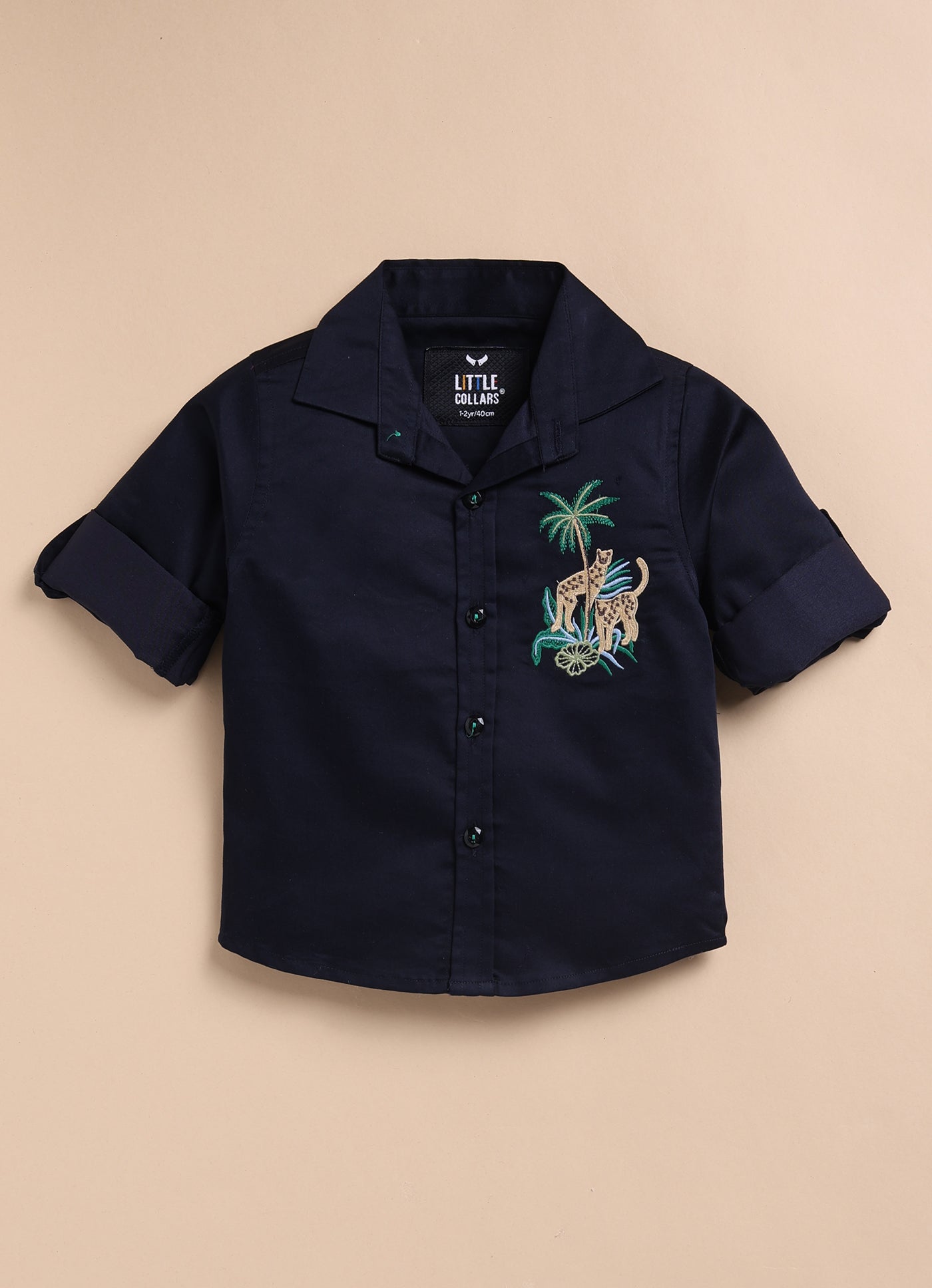 Blended Cotton Satin Solid Woven Full Sleeves Animal Embroidered Shirt Pant Set- Navy