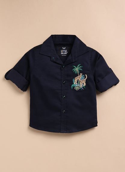 Blended Cotton Satin Solid Woven Full Sleeves Animal Embroidered Shirt Pant Set- Navy