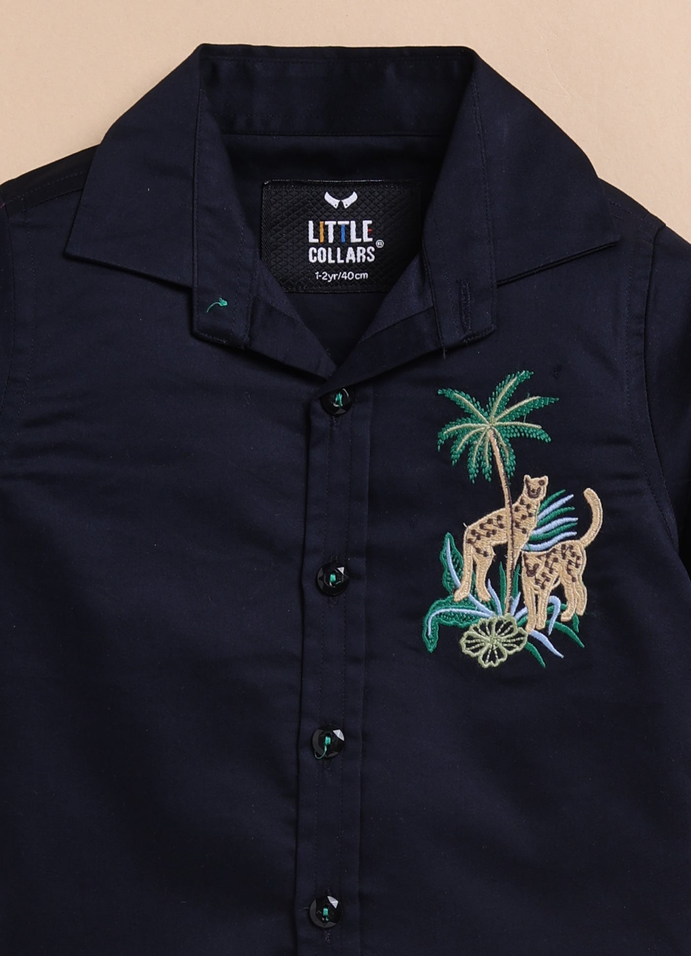 Blended Cotton Satin Solid Woven Full Sleeves Animal Embroidered Shirt Pant Set- Navy