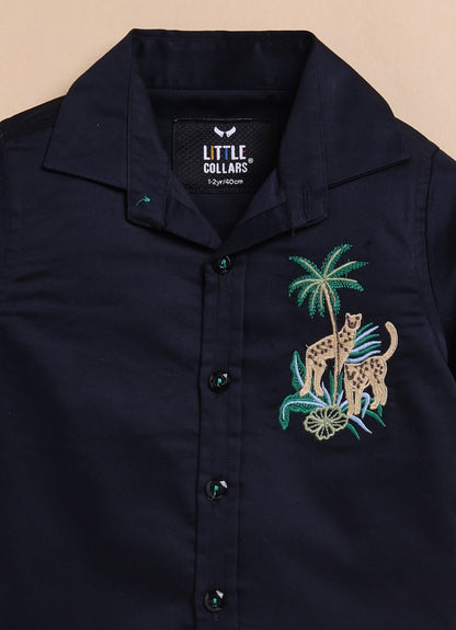 Blended Cotton Satin Solid Woven Full Sleeves Animal Embroidered Shirt Pant Set- Navy