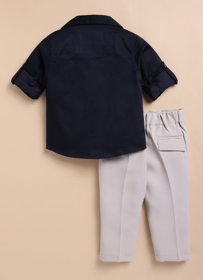 Blended Cotton Satin Solid Woven Full Sleeves Animal Embroidered Shirt Pant Set- Navy