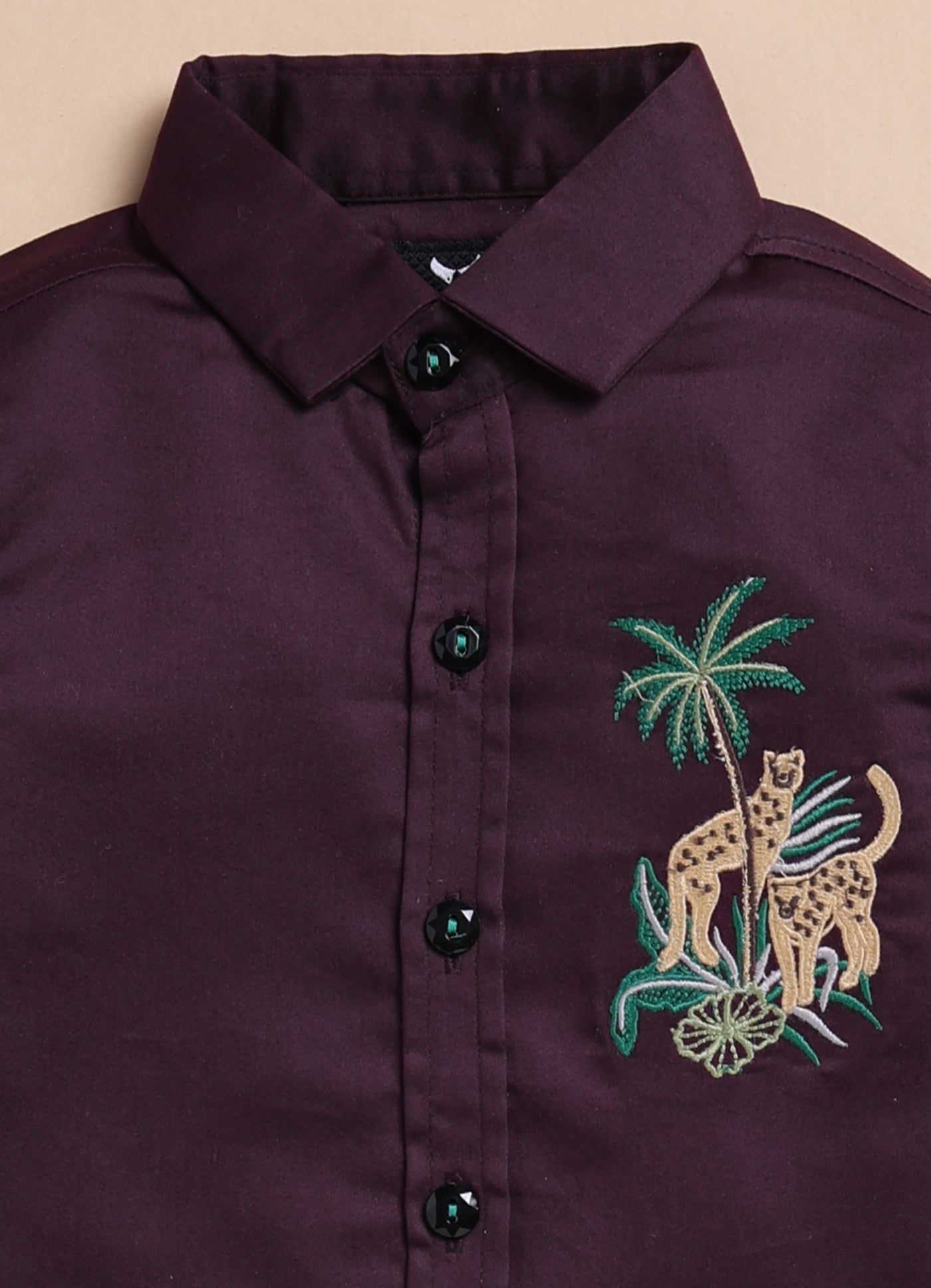Blended Cotton Satin Solid Woven Full Sleeves Animal Embroidered Shirt Pant Set- Wine