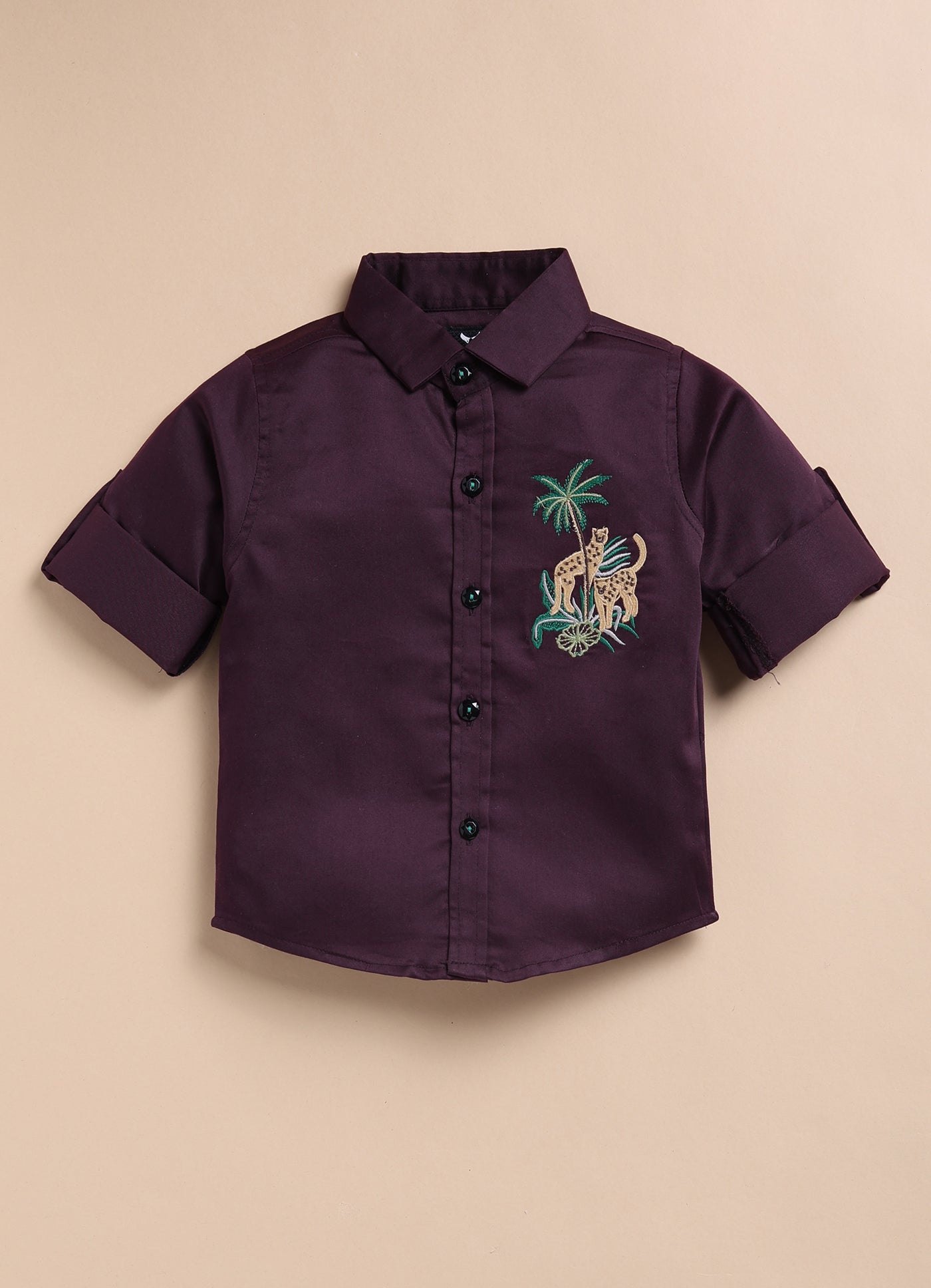 Blended Cotton Satin Solid Woven Full Sleeves Animal Embroidered Shirt Pant Set- Wine