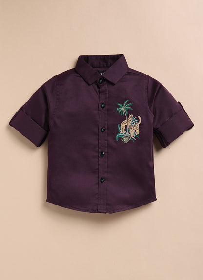 Blended Cotton Satin Solid Woven Full Sleeves Animal Embroidered Shirt Pant Set- Wine
