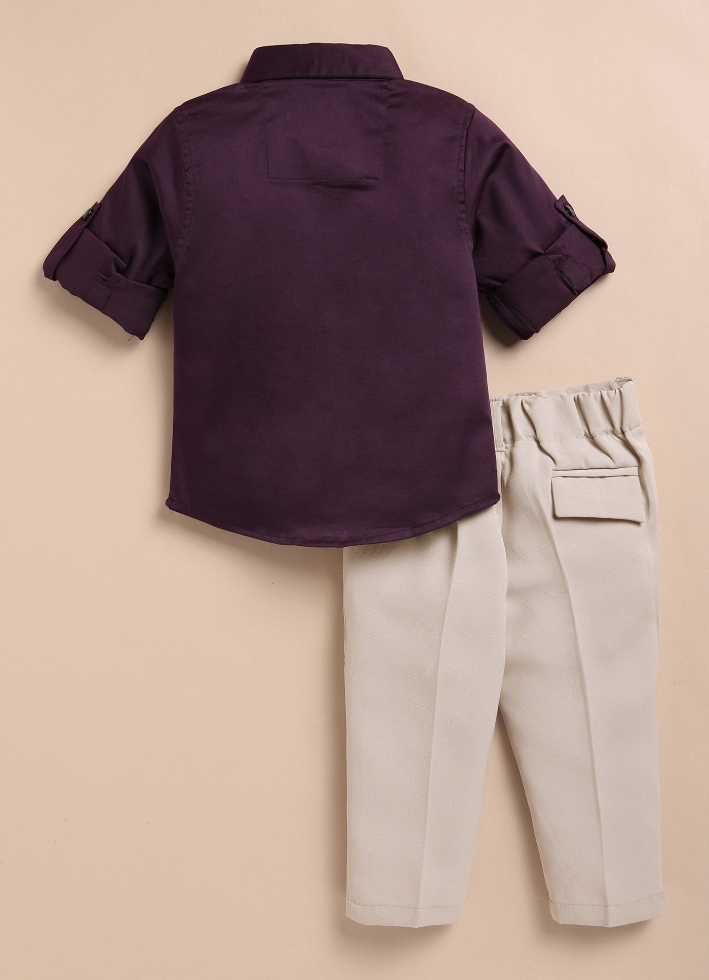 Blended Cotton Satin Solid Woven Full Sleeves Animal Embroidered Shirt Pant Set- Wine