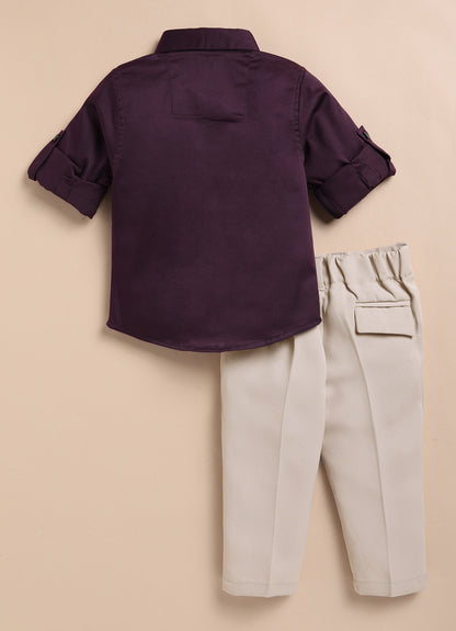 Blended Cotton Satin Solid Woven Full Sleeves Animal Embroidered Shirt Pant Set- Wine
