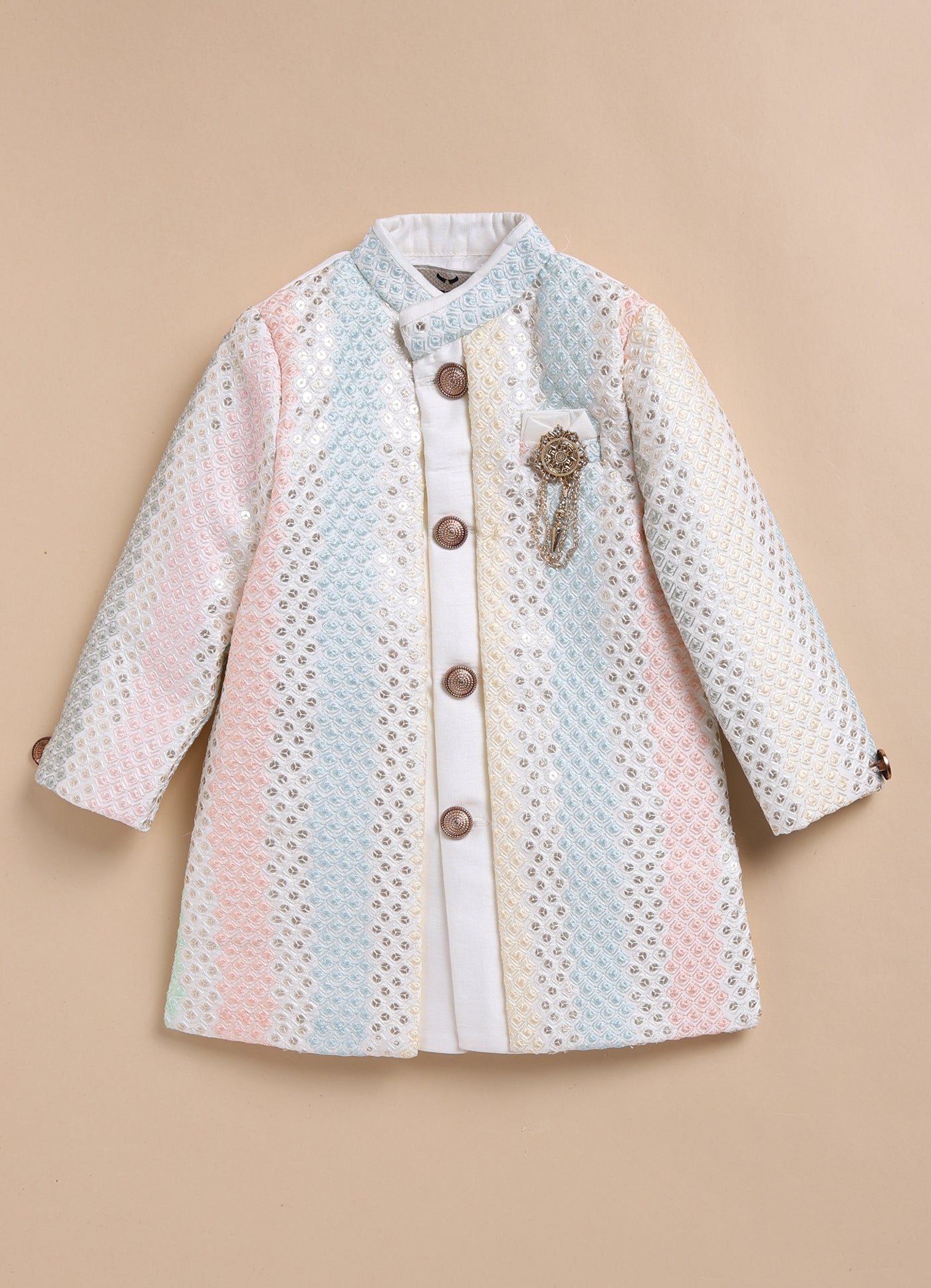 Boys Exquisite Embroidered and Sequins Sherwani & Pajama Ethnic Set with Brooch - Cream