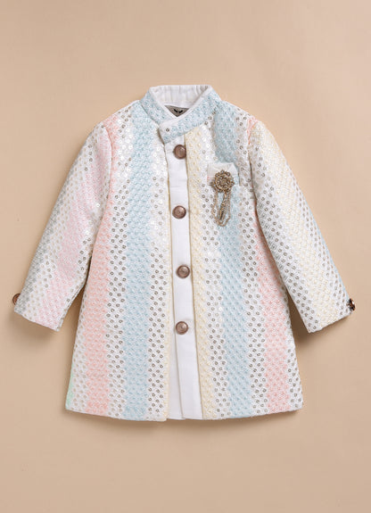 Boys Exquisite Embroidered and Sequins Sherwani & Pajama Ethnic Set with Brooch - Cream
