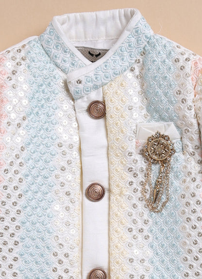 Boys Exquisite Embroidered and Sequins Sherwani & Pajama Ethnic Set with Brooch - Cream