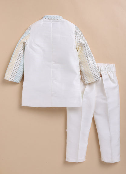 Boys Exquisite Embroidered and Sequins Sherwani & Pajama Ethnic Set with Brooch - Cream