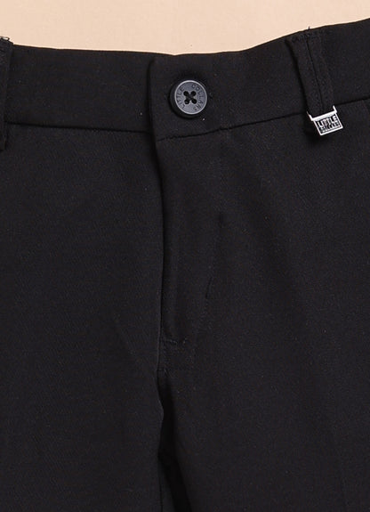 Blended Self Design Jaquard Full Sleeves Zippered Nehru Jacket Pant, Shirt, with Brooch Partywear Set- Black
