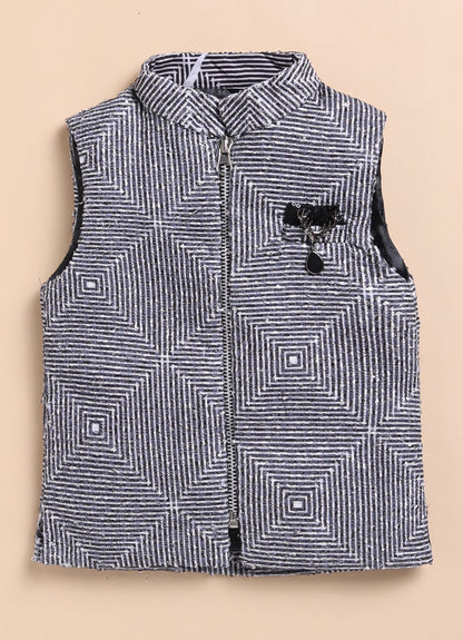 Blended Self Design Jaquard Full Sleeves Zippered Nehru Jacket Pant, Shirt, with Brooch Partywear Set- Black
