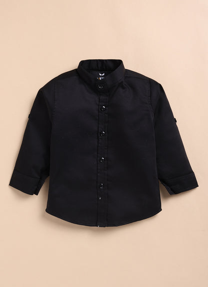 Blended Self Design Jaquard Full Sleeves Zippered Nehru Jacket Pant, Shirt, with Brooch Partywear Set- Black