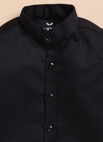 Blended Self Design Jaquard Full Sleeves Zippered Nehru Jacket Pant, Shirt, with Brooch Partywear Set- Black