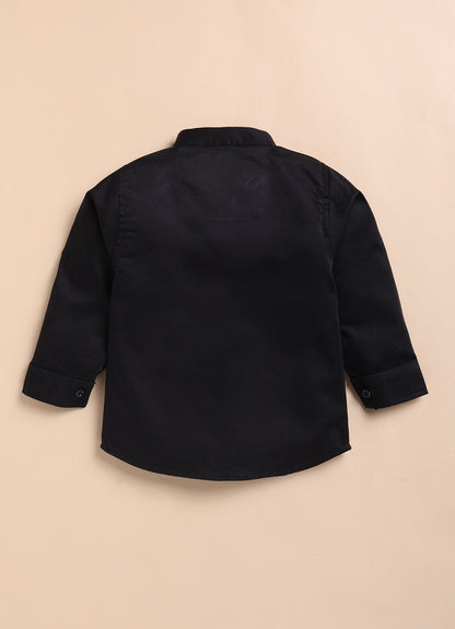 Blended Self Design Jaquard Full Sleeves Zippered Nehru Jacket Pant, Shirt, with Brooch Partywear Set- Black
