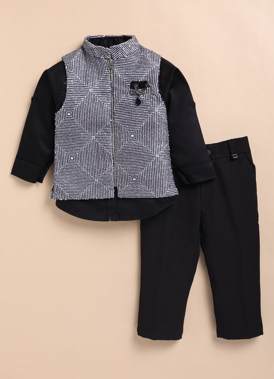 Blended Self Design Jaquard Full Sleeves Zippered Nehru Jacket Pant, Shirt, with Brooch Partywear Set- Black