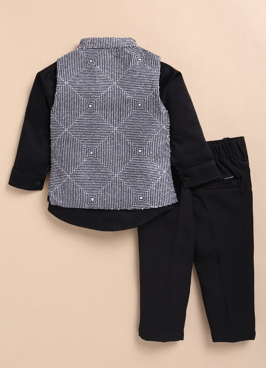 Blended Self Design Jaquard Full Sleeves Zippered Nehru Jacket Pant, Shirt, with Brooch Partywear Set- Black