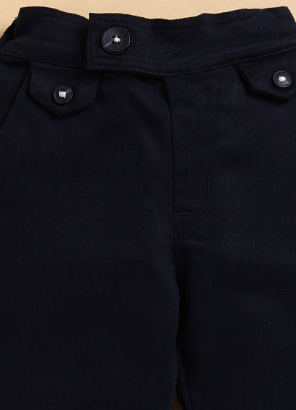 Cotton Woven Full Sleeves Checkered Waistcoat and Shirt Pant Set with Stole & Bow - Navy Blue