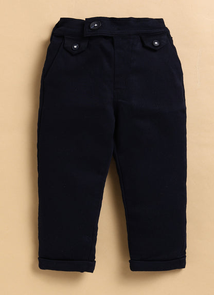 Cotton Woven Full Sleeves Checkered Waistcoat and Shirt Pant Set with Stole & Bow - Navy Blue