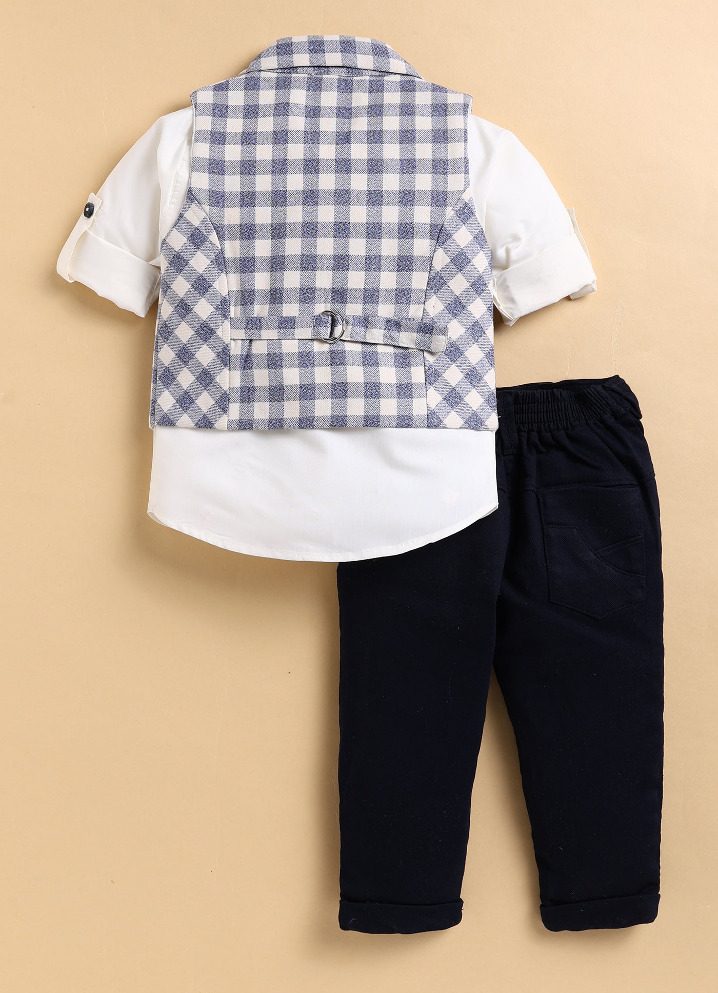 Cotton Woven Full Sleeves Checkered Waistcoat and Shirt Pant Set with Stole & Bow - Navy Blue