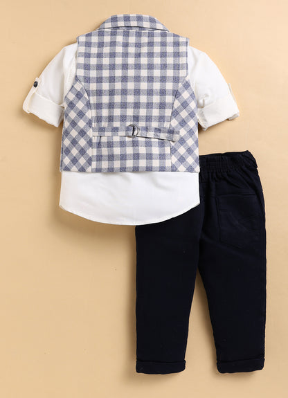 Cotton Woven Full Sleeves Checkered Waistcoat and Shirt Pant Set with Stole & Bow - Navy Blue