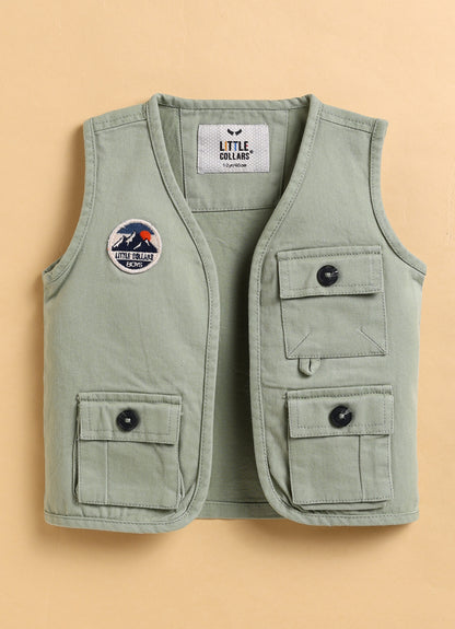 Casual Cotton Multi Pocket Cargo Sleeveless Gilet Jacket Half Sleeves Tshirt  Half Pant Co-ord Set - Green