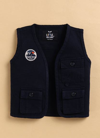 Casual Multi Pocket Cargo Sleeveless Gilet Jacket Half Sleeves Tshirt  Half Pant Co-ord Set - Blue