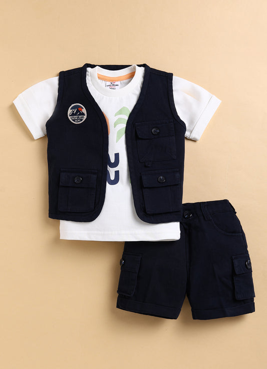 Casual Multi Pocket Cargo Sleeveless Gilet Jacket Half Sleeves Tshirt Half Pant Co-ord Set - Blue