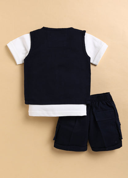 Casual Multi Pocket Cargo Sleeveless Gilet Jacket Half Sleeves Tshirt  Half Pant Co-ord Set - Blue