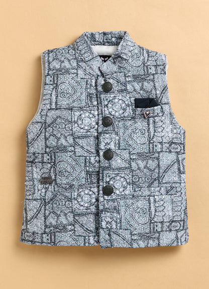 Formal Full Sleeves Shirt Pant and Festive Sleeveless Printed Embroidered Nehru Jacket Indo Western Set- Green
