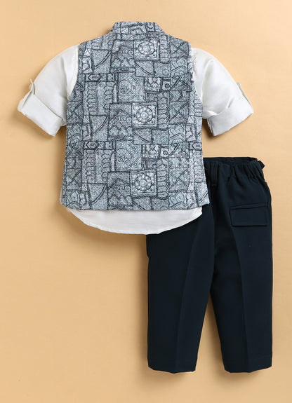 Formal Full Sleeves Shirt Pant and Festive Sleeveless Printed Embroidered Nehru Jacket Indo Western Set- Green